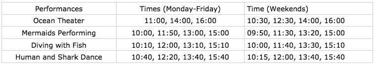 Ocean World Performances Timetable